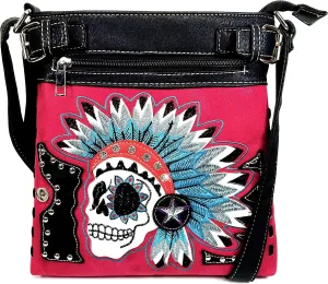 Embroidered Tribal Chieftain Sugar Skull Day of the Dead Punk Art Concealed Carry Crossbody Purse
