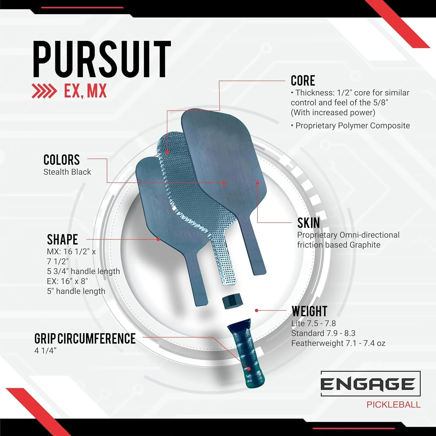 Engage Pickleball Pursuit MX Graphite Skin Made in America Pickleball Paddle