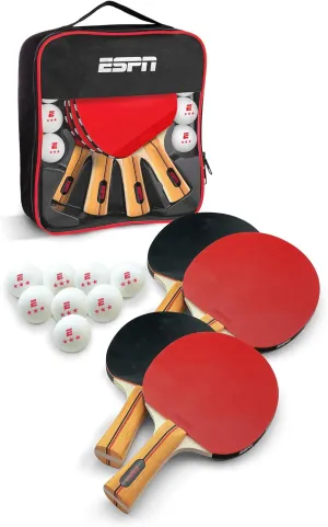 ESPN Ping Pong Paddles (Set of 4) and 3 Star Ping Pong Balls (Set of 8) with Travel Case, Ideal for Kids Games, Family Games, and Game Night