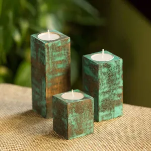 ExclusiveLane Wooden Antique Finish Table Tea Light Candle Holders (Set of 3)