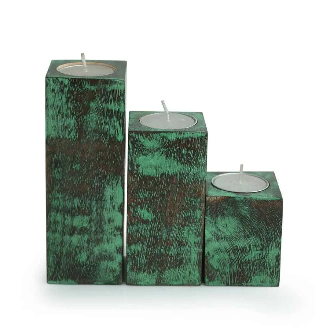 ExclusiveLane Wooden Antique Finish Table Tea Light Candle Holders (Set of 3)