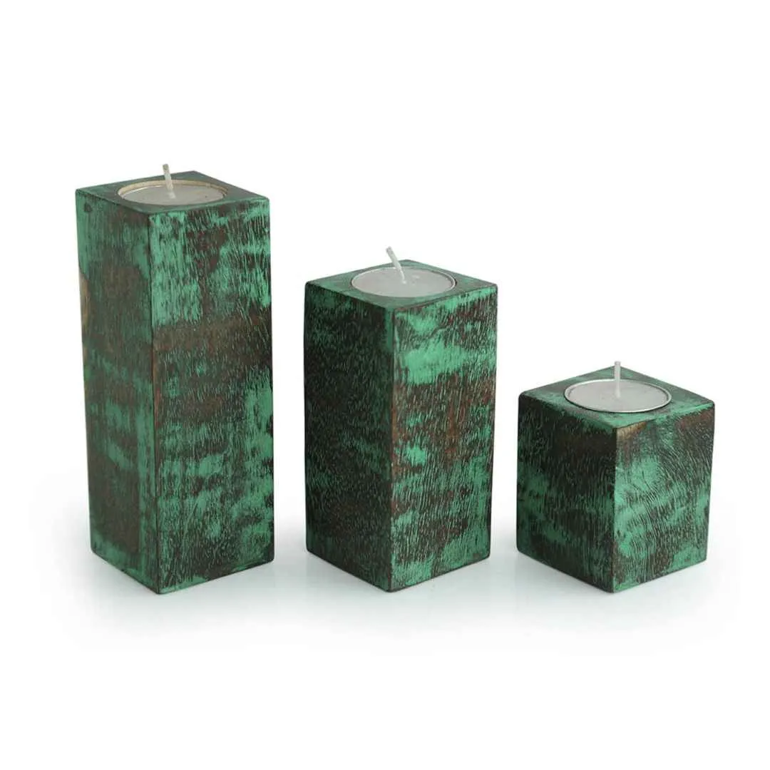ExclusiveLane Wooden Antique Finish Table Tea Light Candle Holders (Set of 3)