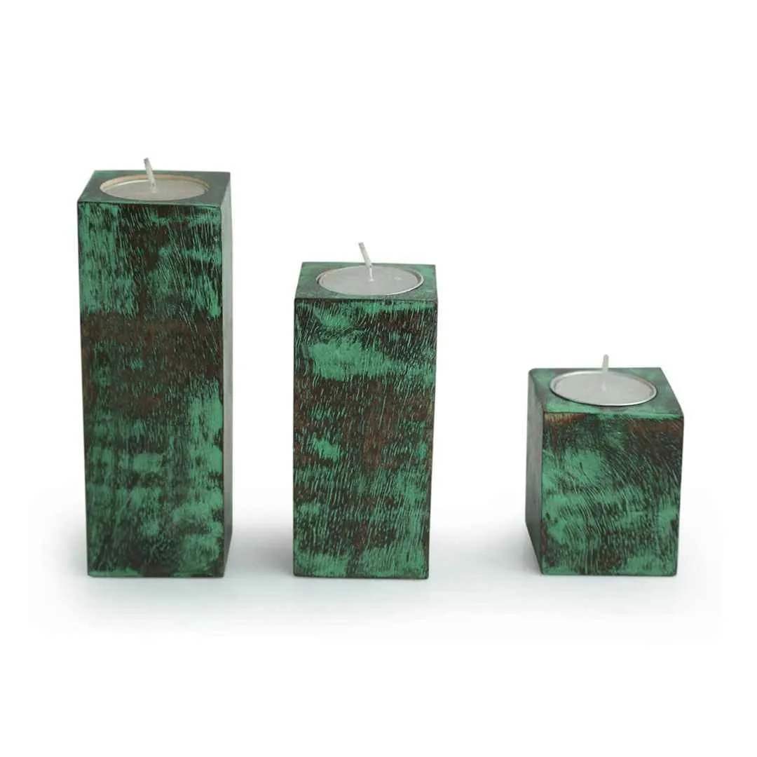ExclusiveLane Wooden Antique Finish Table Tea Light Candle Holders (Set of 3)
