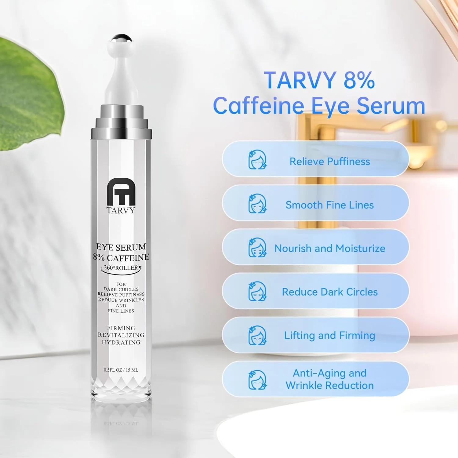 Eye Serum, under Eye Cream for Dark Circles, 8% Caffeine Eye Serum for Women & Men, Eye Cream anti Aging with 360° Massage Ball, Eye Cream for Puffiness and Bags under Eyes, Eye Serum for Fine Lines