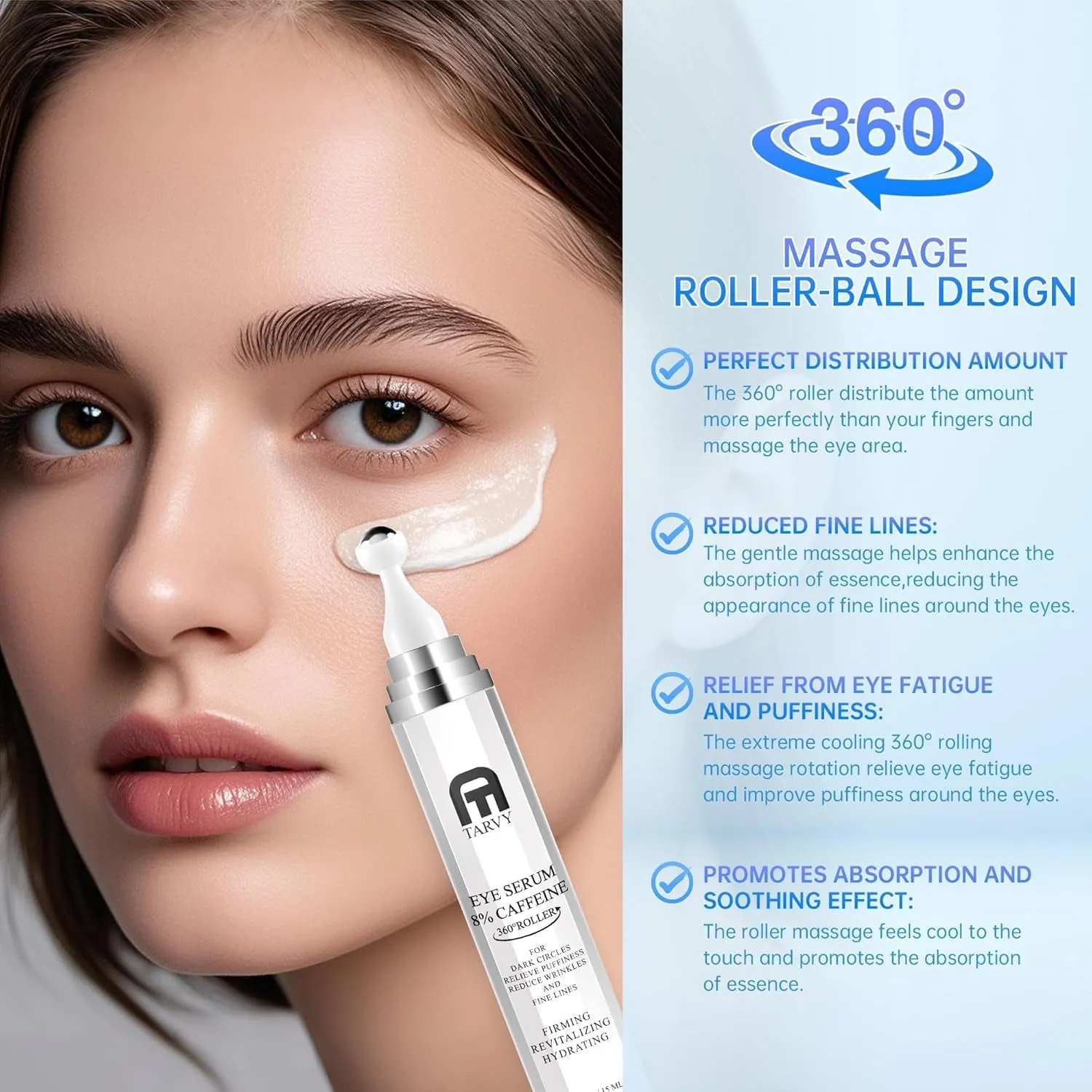 Eye Serum, under Eye Cream for Dark Circles, 8% Caffeine Eye Serum for Women & Men, Eye Cream anti Aging with 360° Massage Ball, Eye Cream for Puffiness and Bags under Eyes, Eye Serum for Fine Lines