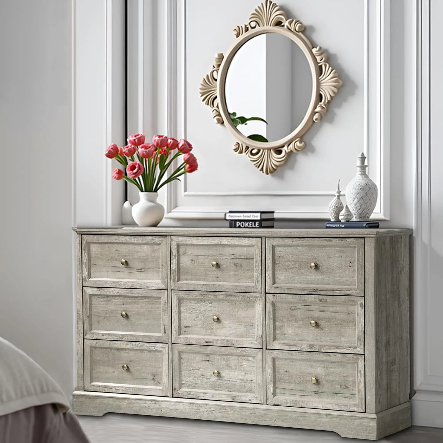 Farmhouse Dresser 9 Drawer, Bedroom Chest of Drawers, Dressers with 9 Drawers, Wooden Dressers for Bedroom, Living Room, Tv Stand, Entryway (Grey-9 Drawers)