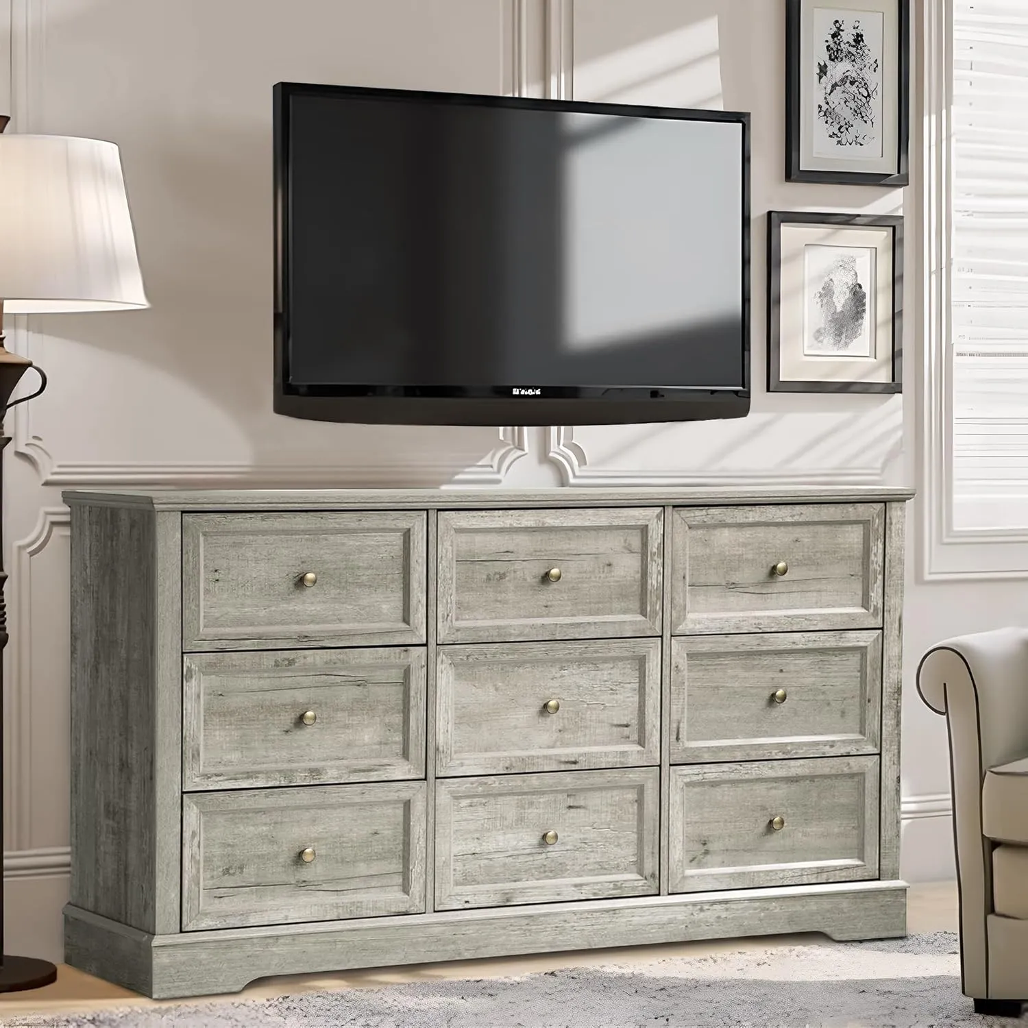 Farmhouse Dresser 9 Drawer, Bedroom Chest of Drawers, Dressers with 9 Drawers, Wooden Dressers for Bedroom, Living Room, Tv Stand, Entryway (Grey-9 Drawers)
