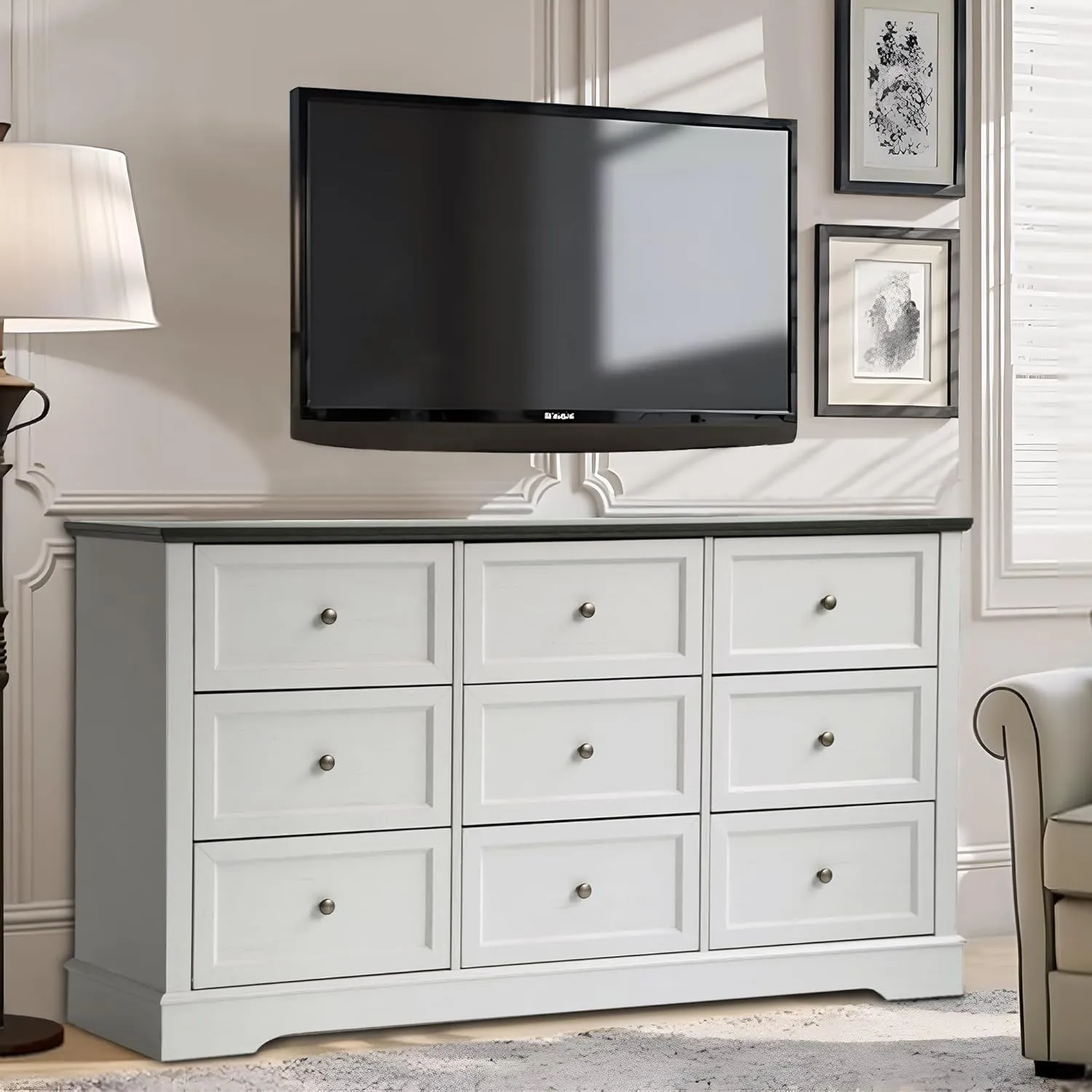 Farmhouse Dresser 9 Drawer, Bedroom Chest of Drawers, Dressers with 9 Drawers, Wooden Dressers for Bedroom, Living Room, Tv Stand, Entryway (Off White-9 Drawers)