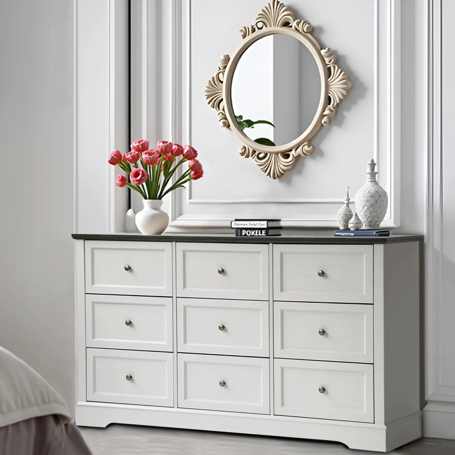 Farmhouse Dresser 9 Drawer, Bedroom Chest of Drawers, Dressers with 9 Drawers, Wooden Dressers for Bedroom, Living Room, Tv Stand, Entryway (Off White-9 Drawers)