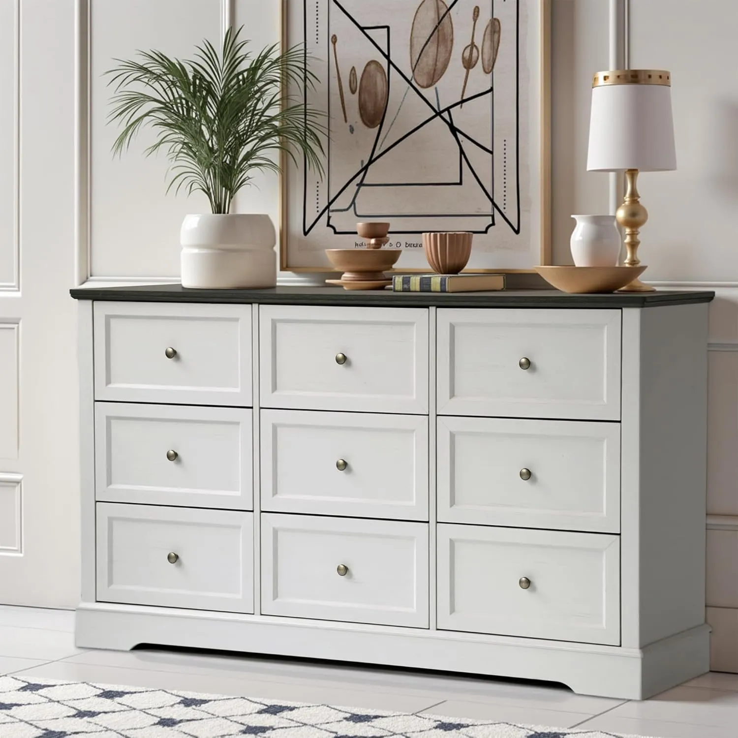 Farmhouse Dresser 9 Drawer, Bedroom Chest of Drawers, Dressers with 9 Drawers, Wooden Dressers for Bedroom, Living Room, Tv Stand, Entryway (Off White-9 Drawers)