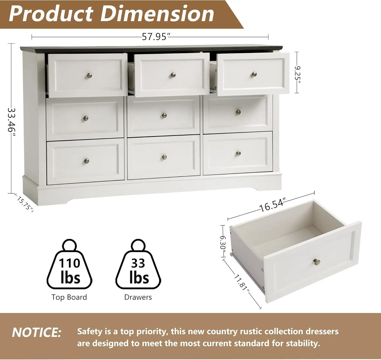 Farmhouse Dresser 9 Drawer, Bedroom Chest of Drawers, Dressers with 9 Drawers, Wooden Dressers for Bedroom, Living Room, Tv Stand, Entryway (Off White-9 Drawers)
