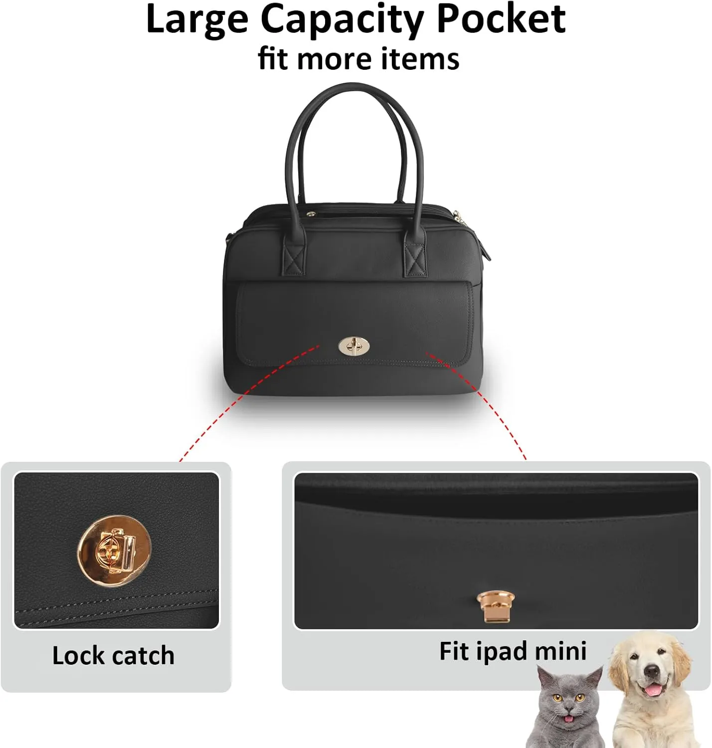 Fashion Pet Carrier Dog Purse Carrier Cat Soft-Sided Carriers for Puppy Kitten, Stylish Leather Handbag Tote Travel Pet Bag for Small Dogs Cats, TSA Airline Approved (Black)