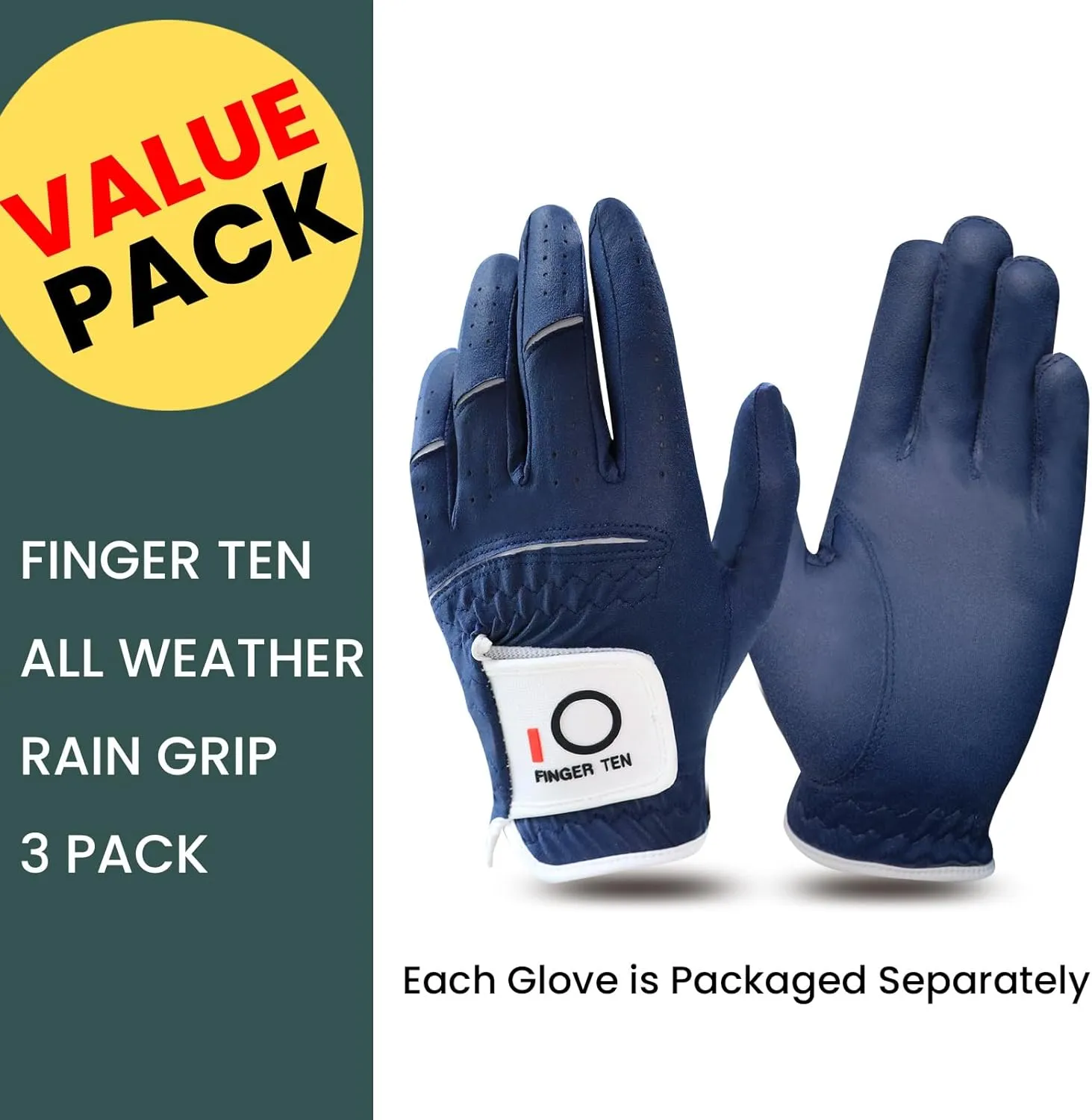 FINGER TEN Golf Gloves Men Left Hand Rain Grip Glove for Right Handed Golfer Value 3 Pack, All Weather Durable Grip Size Small Medium Large XL White Black Blue