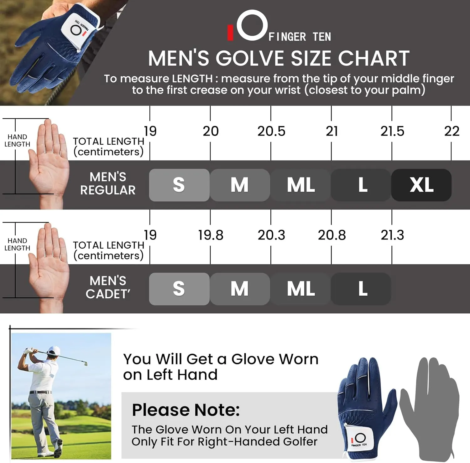 FINGER TEN Golf Gloves Men Left Hand Rain Grip Glove for Right Handed Golfer Value 3 Pack, All Weather Durable Grip Size Small Medium Large XL White Black Blue