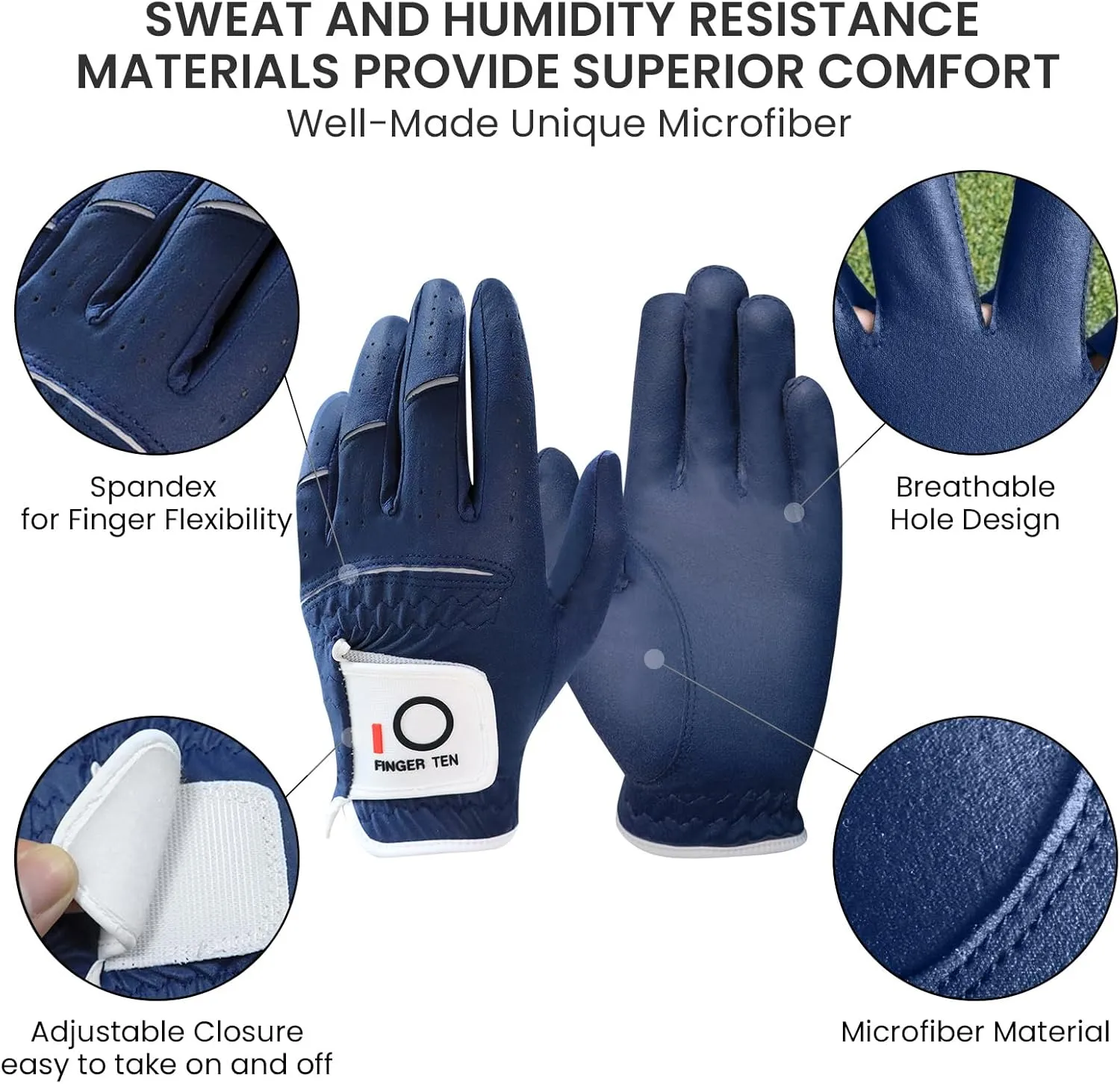 FINGER TEN Golf Gloves Men Left Hand Rain Grip Glove for Right Handed Golfer Value 3 Pack, All Weather Durable Grip Size Small Medium Large XL White Black Blue