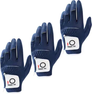 FINGER TEN Golf Gloves Men Left Hand Rain Grip Glove for Right Handed Golfer Value 3 Pack, All Weather Durable Grip Size Small Medium Large XL White Black Blue
