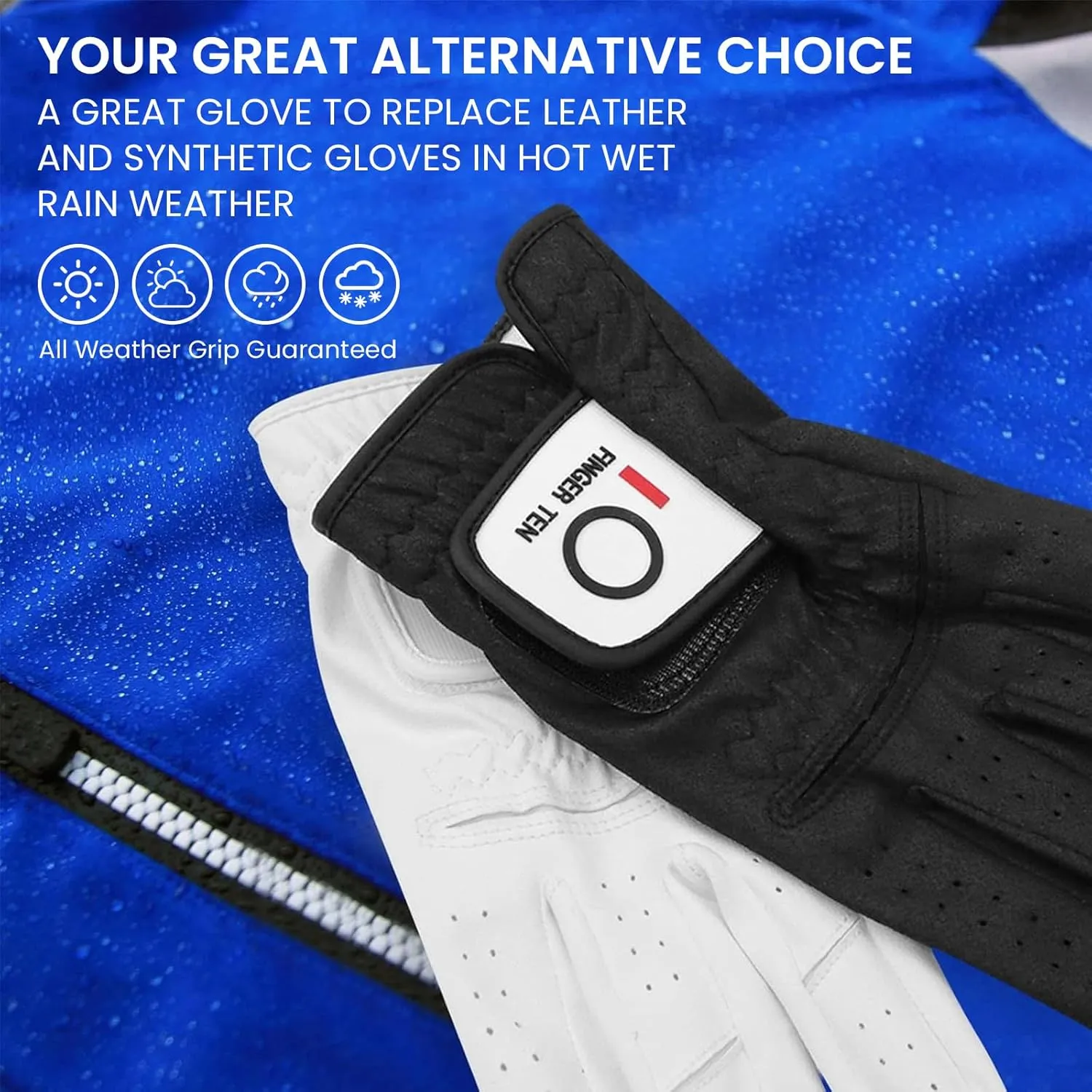 FINGER TEN Golf Gloves Men Left Hand Rain Grip Glove for Right Handed Golfer Value 3 Pack, All Weather Durable Grip Size Small Medium Large XL White Black Blue