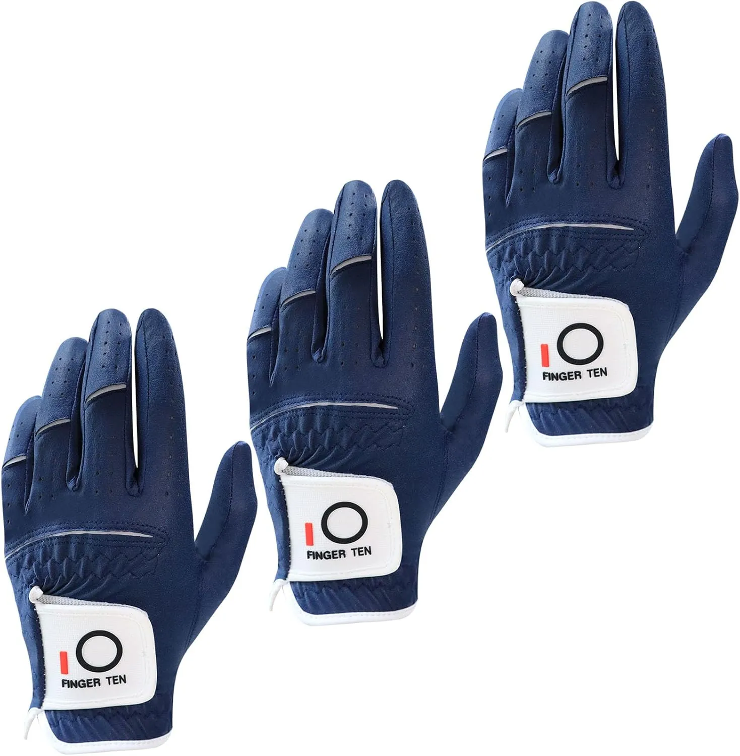 FINGER TEN Golf Gloves Men Left Hand Rain Grip Glove for Right Handed Golfer Value 3 Pack, All Weather Durable Grip Size Small Medium Large XL White Black Blue