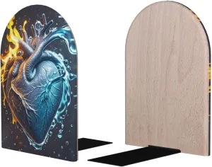 Fire and Water Heart Book Ends for Shelves, Non-Skid Decorative Bookends Heavy Duty Wooden Book Stoppers Book Stand Holders for Home Office Library