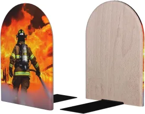Firefighter Fireman Flame Book Ends for Shelves, Non-Skid Decorative Bookends Heavy Duty Wooden Book Stoppers Book Stand Holders for Home Office Library