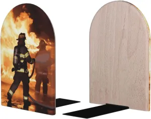 Firefighter Fireman Flame Book Ends for Shelves, Non-Skid Decorative Bookends Heavy Duty Wooden Book Stoppers Book Stand Holders for Home Office Library