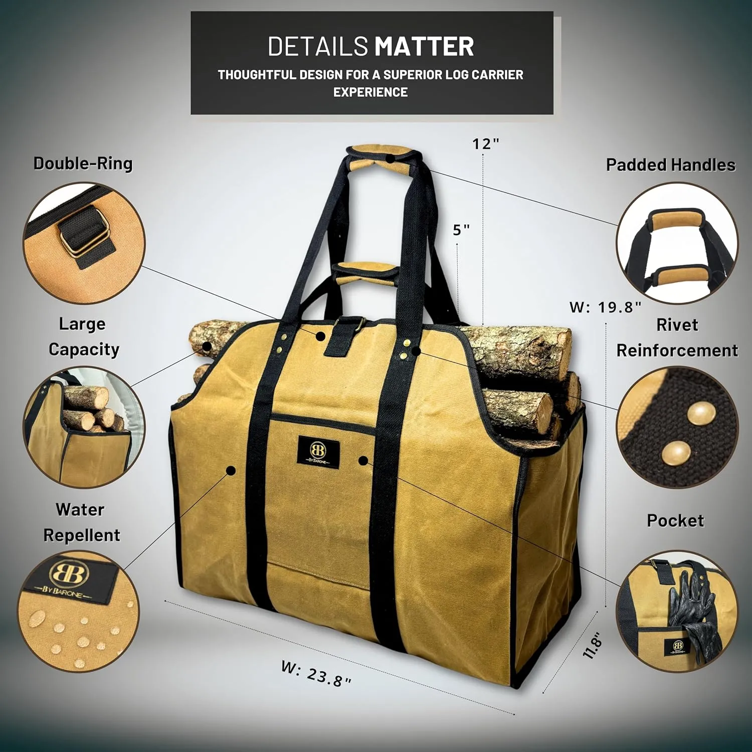 Firewood Carrier Waxed Canvas Tote bag - Log Carrier for Firewood Heavy Duty Tote Extra Large- 20oz Waxed Canvas Wood Carrier for firewood with Handles - Firewood Holder indoor Log bag for Fireplace