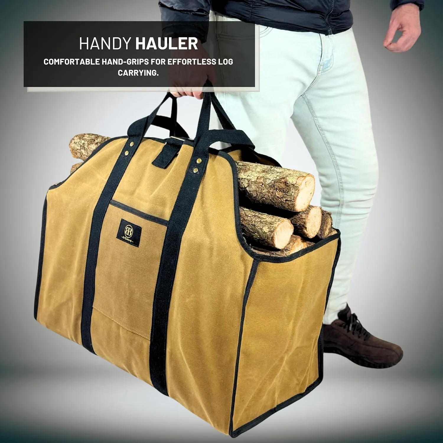 Firewood Carrier Waxed Canvas Tote bag - Log Carrier for Firewood Heavy Duty Tote Extra Large- 20oz Waxed Canvas Wood Carrier for firewood with Handles - Firewood Holder indoor Log bag for Fireplace