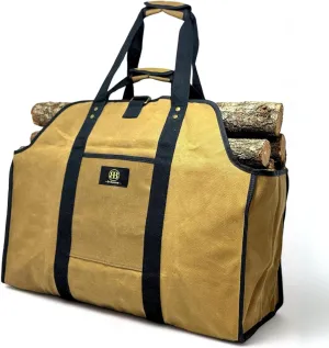 Firewood Carrier Waxed Canvas Tote bag - Log Carrier for Firewood Heavy Duty Tote Extra Large- 20oz Waxed Canvas Wood Carrier for firewood with Handles - Firewood Holder indoor Log bag for Fireplace