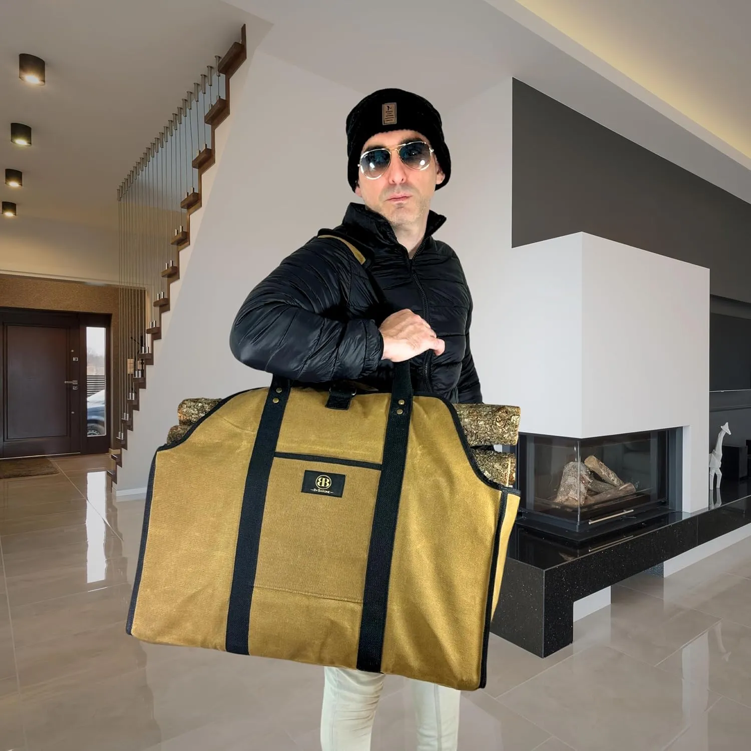 Firewood Carrier Waxed Canvas Tote bag - Log Carrier for Firewood Heavy Duty Tote Extra Large- 20oz Waxed Canvas Wood Carrier for firewood with Handles - Firewood Holder indoor Log bag for Fireplace
