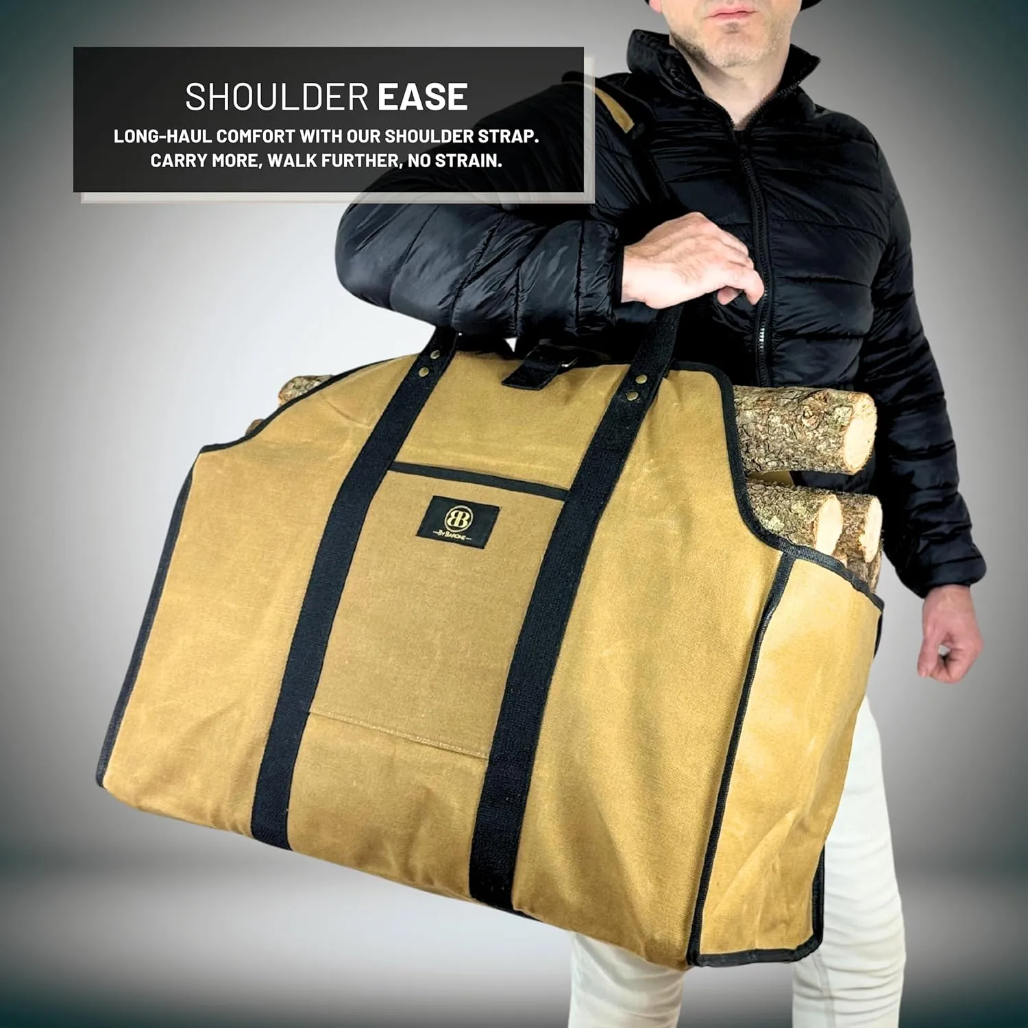Firewood Carrier Waxed Canvas Tote bag - Log Carrier for Firewood Heavy Duty Tote Extra Large- 20oz Waxed Canvas Wood Carrier for firewood with Handles - Firewood Holder indoor Log bag for Fireplace