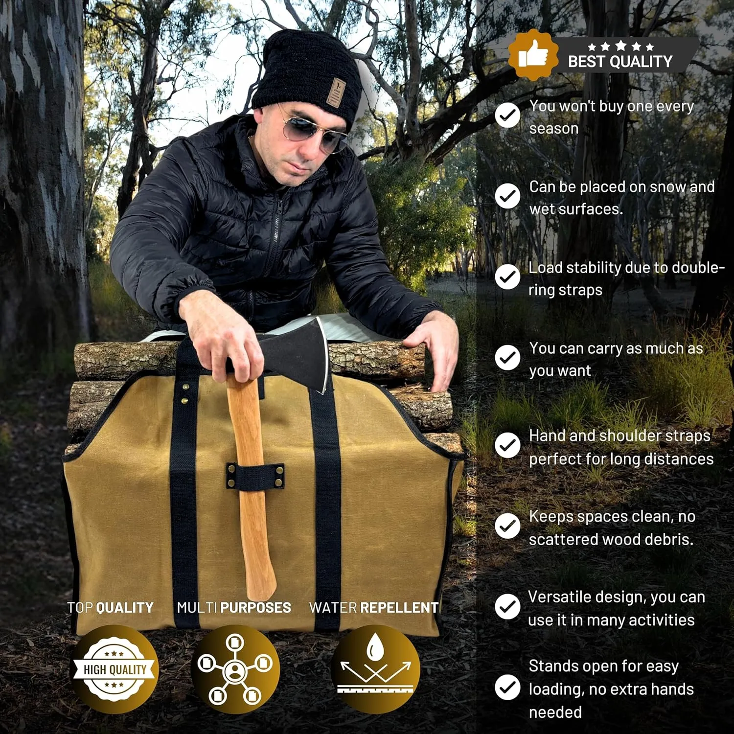 Firewood Carrier Waxed Canvas Tote bag - Log Carrier for Firewood Heavy Duty Tote Extra Large- 20oz Waxed Canvas Wood Carrier for firewood with Handles - Firewood Holder indoor Log bag for Fireplace