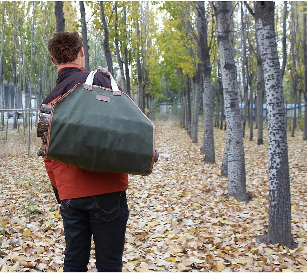 Firewood Carrier - Waxed Canvas Wood Carrier for Firewood, Heavy Duty Log Carrier Bag As Wood Stove Accessories