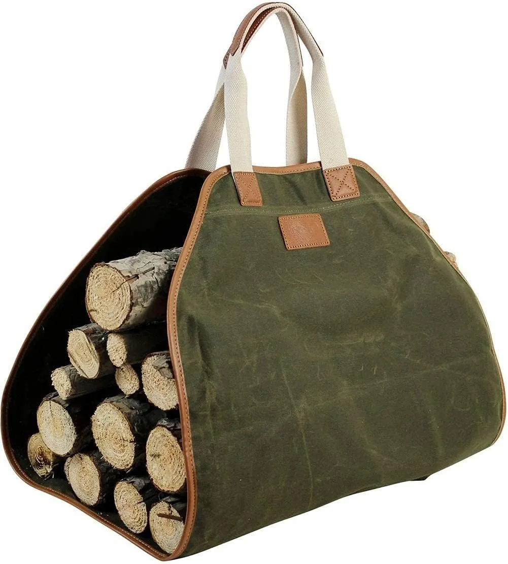 Firewood Carrier - Waxed Canvas Wood Carrier for Firewood, Heavy Duty Log Carrier Bag As Wood Stove Accessories