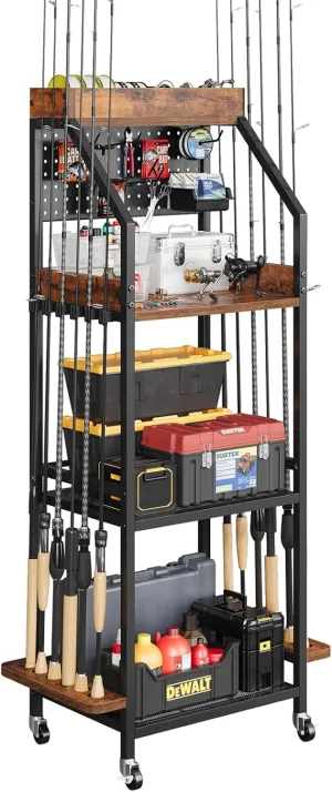Fishing Rod Holder for Garage with Hooks & Pegboard, 3-Tier Fishing Pole Rack Holds 12 Rods, Rolling Fishing Rod Storage Organizer with Wooden Tool Box, Fishing Tackle Shelf for Anglers