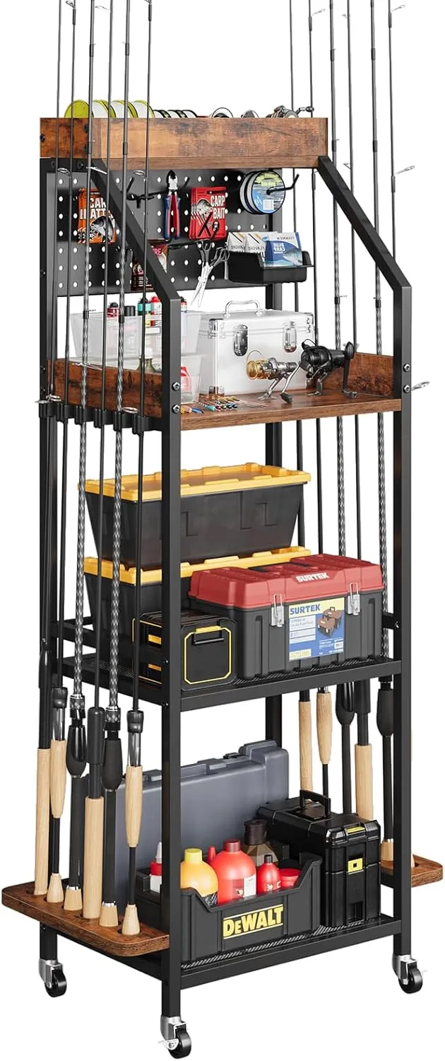 Fishing Rod Holder for Garage with Hooks & Pegboard, 3-Tier Fishing Pole Rack Holds 12 Rods, Rolling Fishing Rod Storage Organizer with Wooden Tool Box, Fishing Tackle Shelf for Anglers