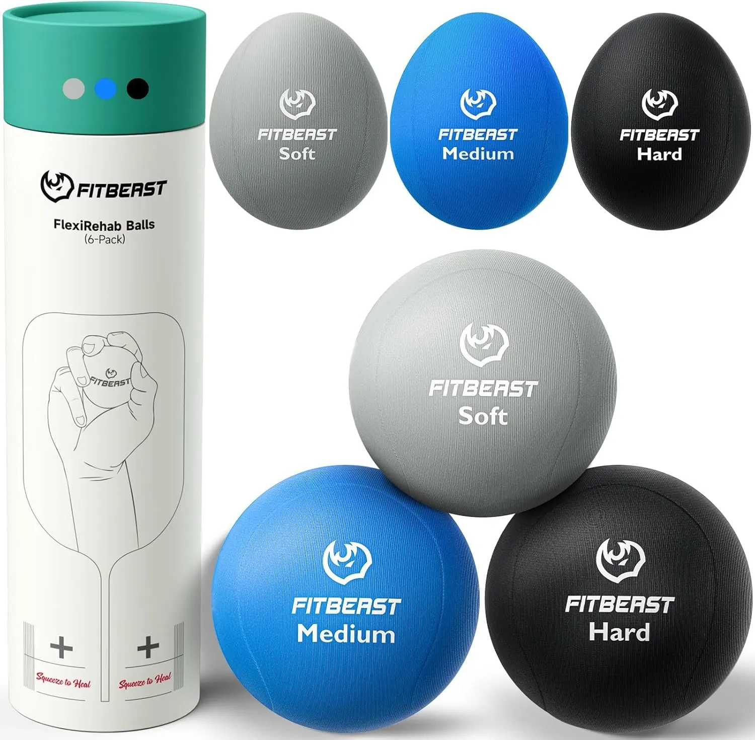 FitBeast Stress Balls for Adults, 6-Pack Hand Therapy Balls, Soft, Medium, Hard Tri-Density, Green, Orange, Blue