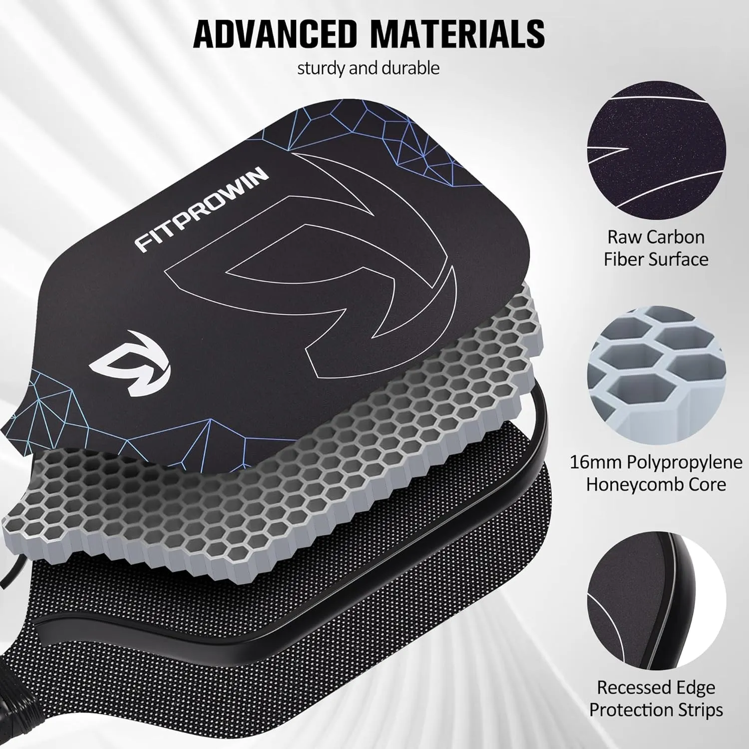 FITPROWIN Pickleball Paddles, Carbon Fiber & Fiberglass Hybrid Face Pickleball Rackets, Lightweight Pickle Ball Paddle with Ribbed Non-Slip Cushion Grip, 4 Balls, Portable Bag