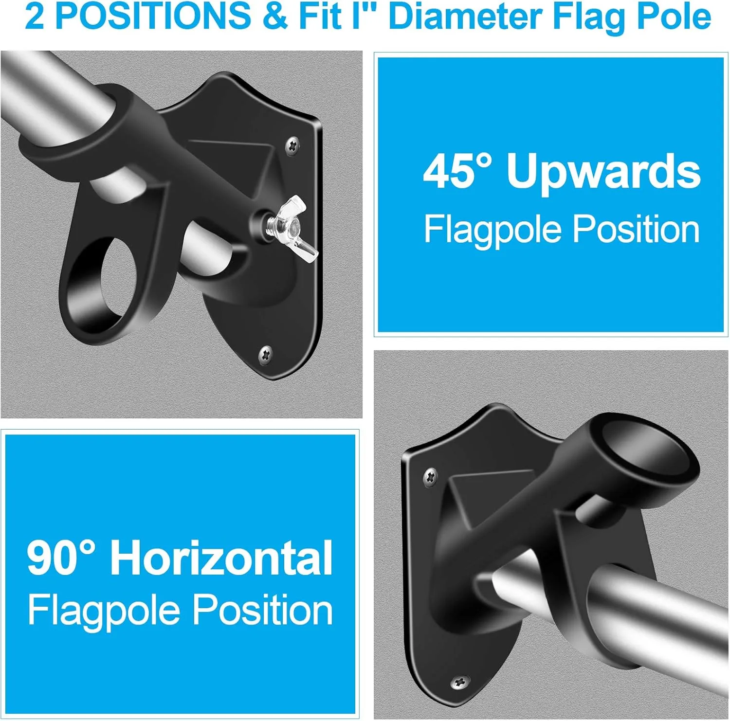 Flag Pole Holder Brackets, BONWIN 1" Flag Pole Mounting Bracket with Hardwares for House Wall Mount, 1" Inner Diameter, Two Positions & Aluminium Alloy, Rust Free Coated (Black - 2 Pack)