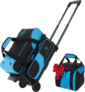 Flextro 2 Ball Bowling Bag with Wheels PLUS Single Ball Bowling Bag; 2 Ball Double Roller Trolley with Compartments for Bowling Equipment and Shoes