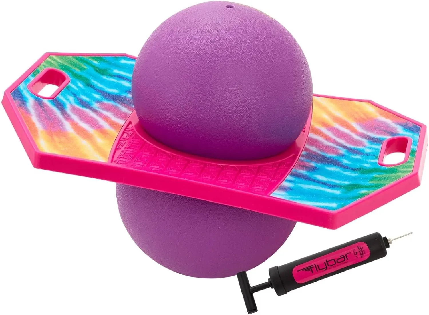 Flybar Pogo Trick Ball for Kids, Trick Bounce Board for Boys and Girls Ages 6 , Up to 160 lbs, Includes Pump, Easy to Carry Handle, Durable Plastic Deck Indoor, Outdoor Toy Pogo Jumper (Tie Dye)