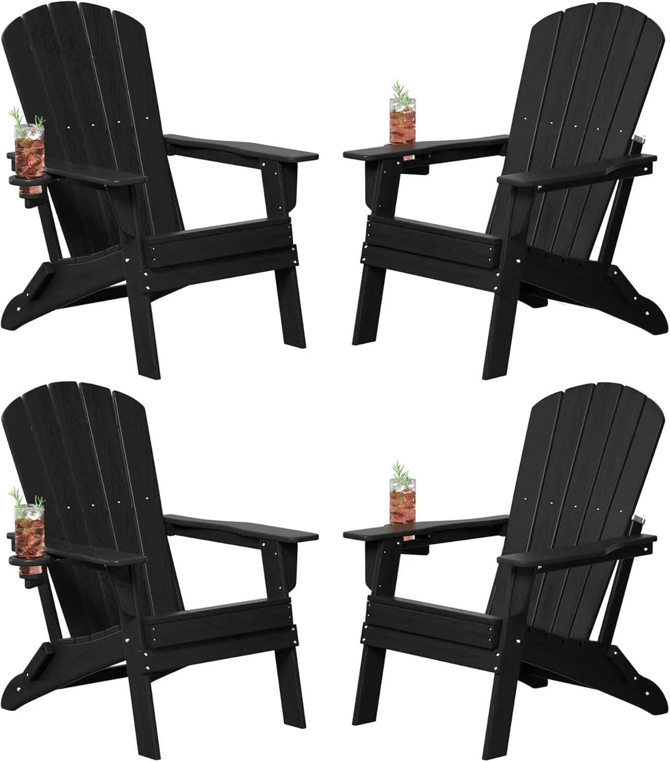 Folding Adirondack Chair Set of 4, Cup Holder，Wooden Textured ，Heavy All-Weather HDPE Comfortable Set Poolside Backyard Lawn Black