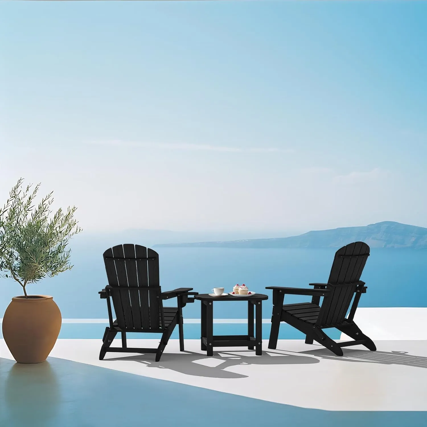 Folding Adirondack Chair Set of 4, Cup Holder，Wooden Textured ，Heavy All-Weather HDPE Comfortable Set Poolside Backyard Lawn Black