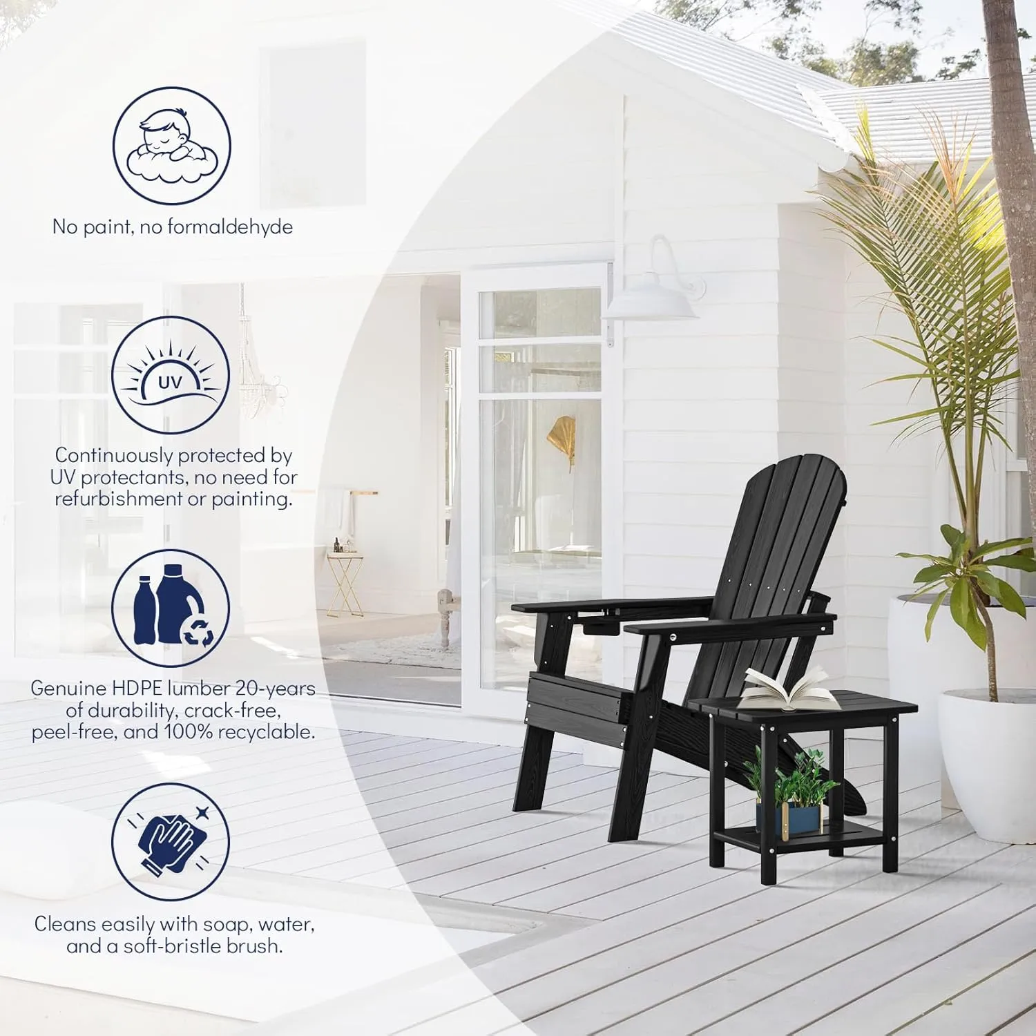 Folding Adirondack Chair Set of 4, Cup Holder，Wooden Textured ，Heavy All-Weather HDPE Comfortable Set Poolside Backyard Lawn Black