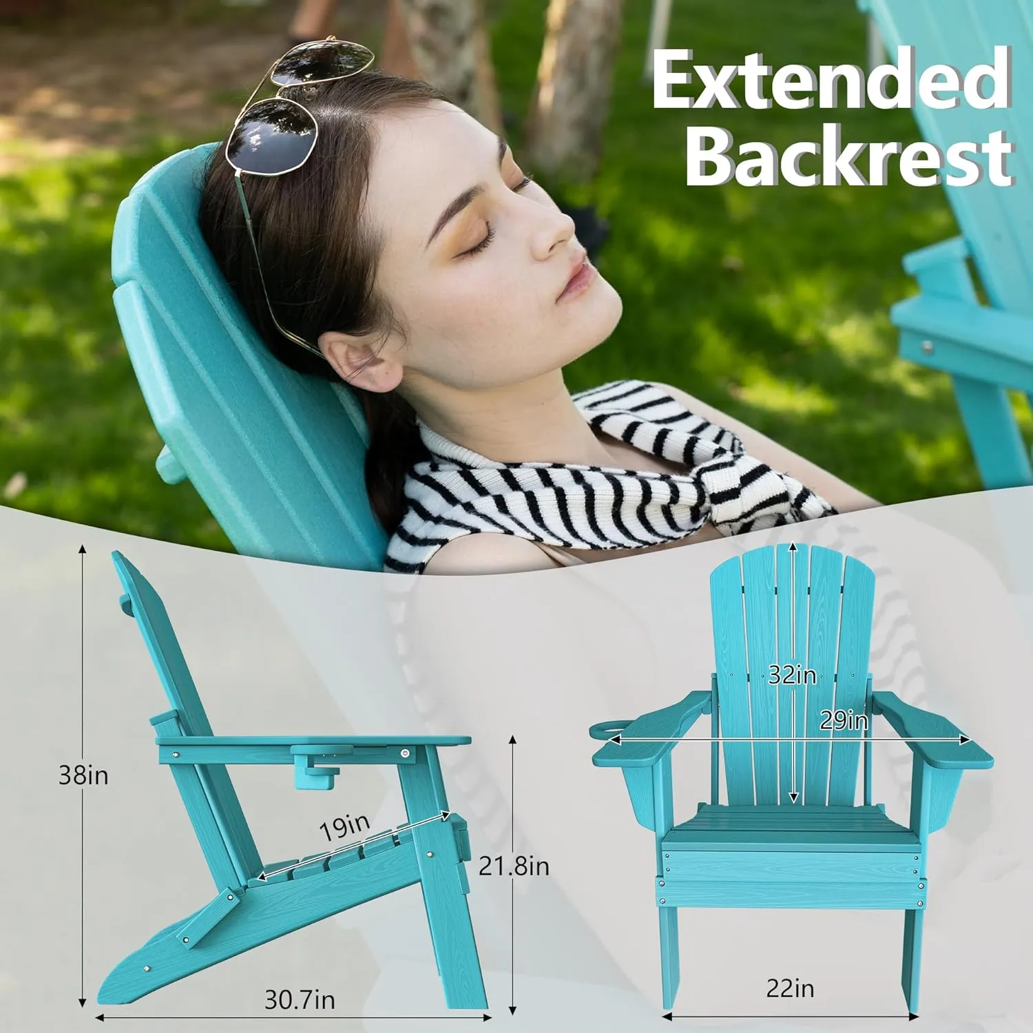 Folding Adirondack Chair, SGS Tested, Wooden Textured with Cup Holder, Heavy All-Weather HDPE Comfortable Set Poolside Backyard Lawn Aruba Blue