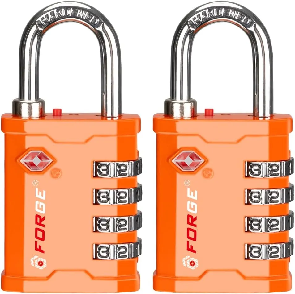 FORGE 4-Digit TSA Approved Travel Locks – TSA008 Key System, Key Duplication Impossible, Heavy-Duty Combination Padlock for Travel, Gym, Pelican Case. Orange 2 Locks.