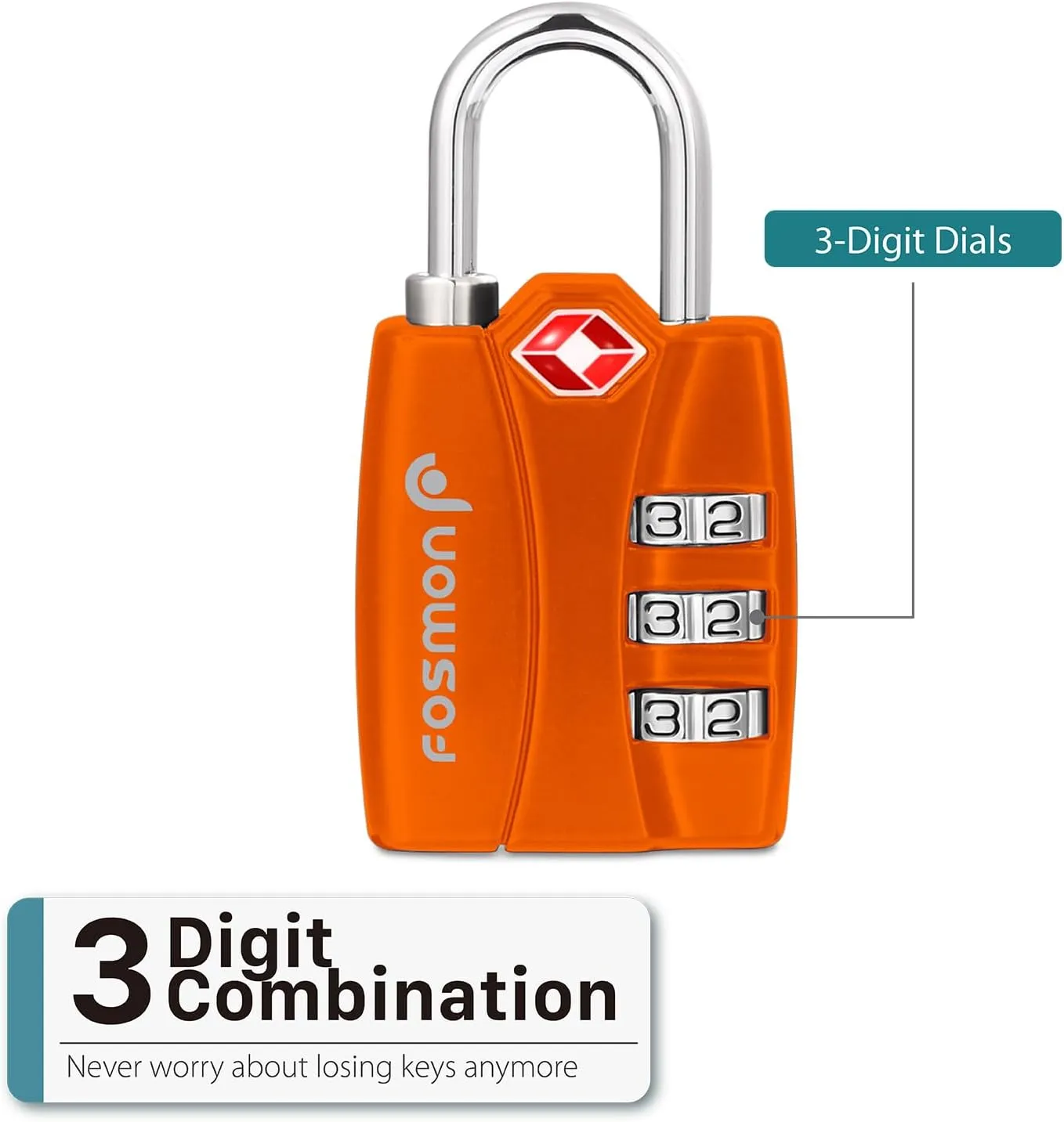 Fosmon TSA Accepted Luggage Locks (Orange - 4 Packs), Open Alert Indicator 3 Digit Combination Padlock Codes for Travel Bag, Suit Case, Lockers