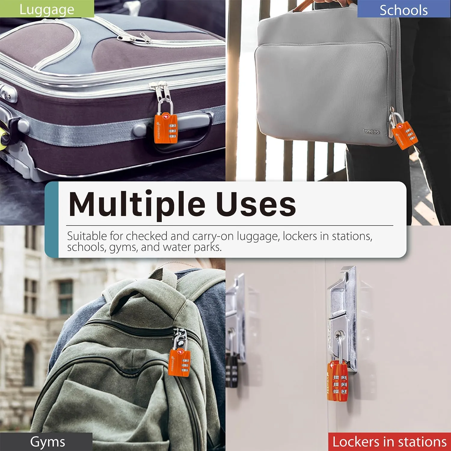 Fosmon TSA Accepted Luggage Locks (Orange - 4 Packs), Open Alert Indicator 3 Digit Combination Padlock Codes for Travel Bag, Suit Case, Lockers