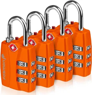 Fosmon TSA Accepted Luggage Locks (Orange - 4 Packs), Open Alert Indicator 3 Digit Combination Padlock Codes for Travel Bag, Suit Case, Lockers