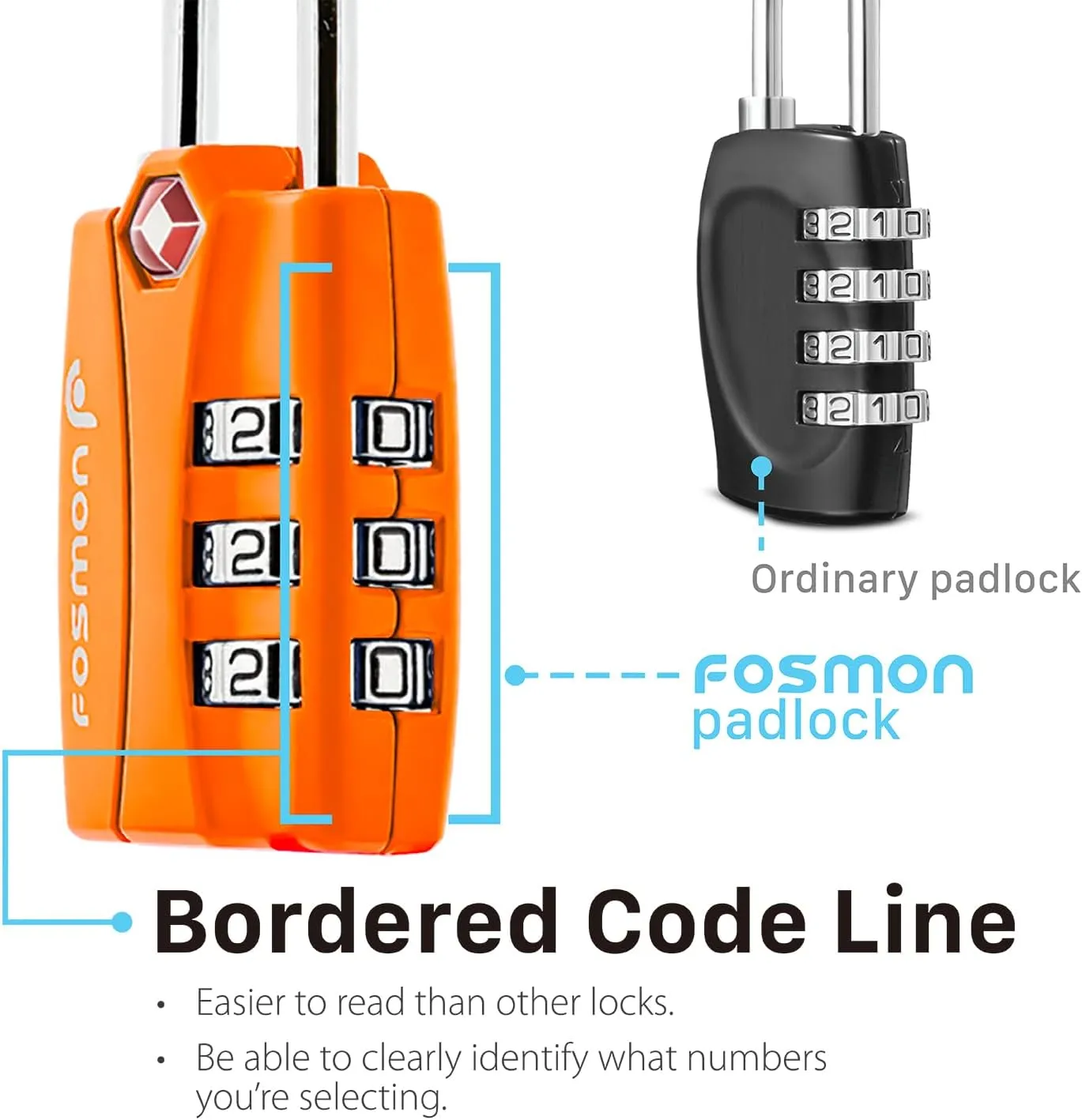 Fosmon TSA Accepted Luggage Locks (Orange - 4 Packs), Open Alert Indicator 3 Digit Combination Padlock Codes for Travel Bag, Suit Case, Lockers