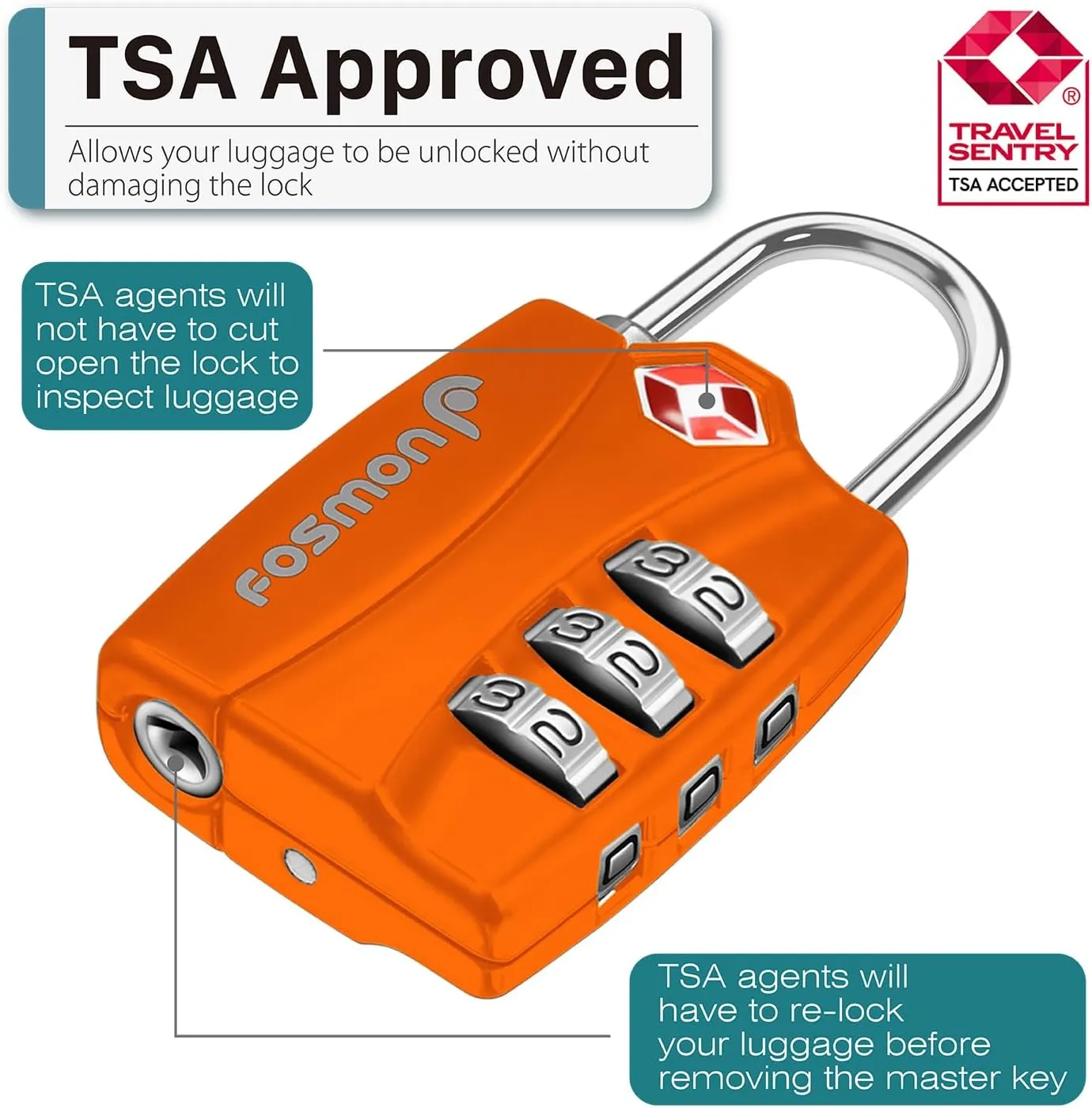 Fosmon TSA Accepted Luggage Locks (Orange - 4 Packs), Open Alert Indicator 3 Digit Combination Padlock Codes for Travel Bag, Suit Case, Lockers